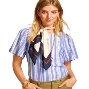 CAbi Wing Top, Striped Linen blue white, #5343, Size Large